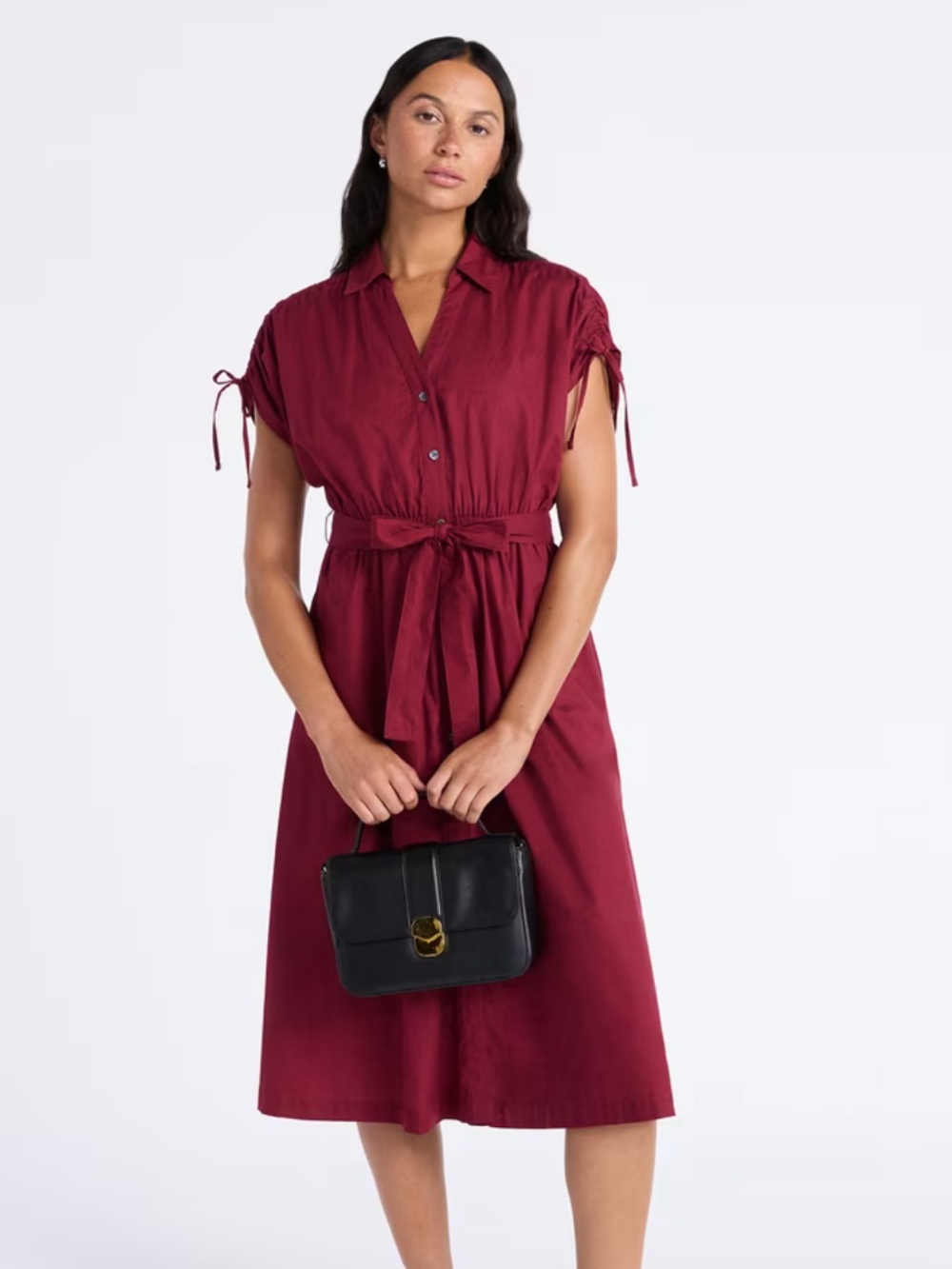 Time and Tru Burgundy Tie-Front Midi Shirt Dress